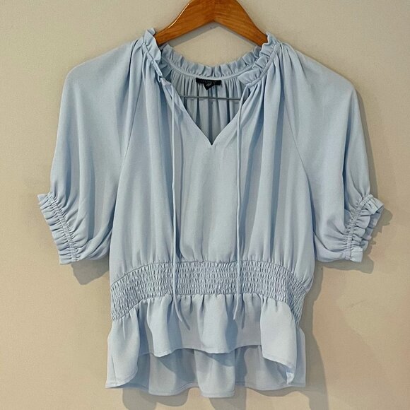 Ann Taylor Petite Light Blue Crossover Smocked Waist Blouse Top Size Small - Picture 3 of 9
